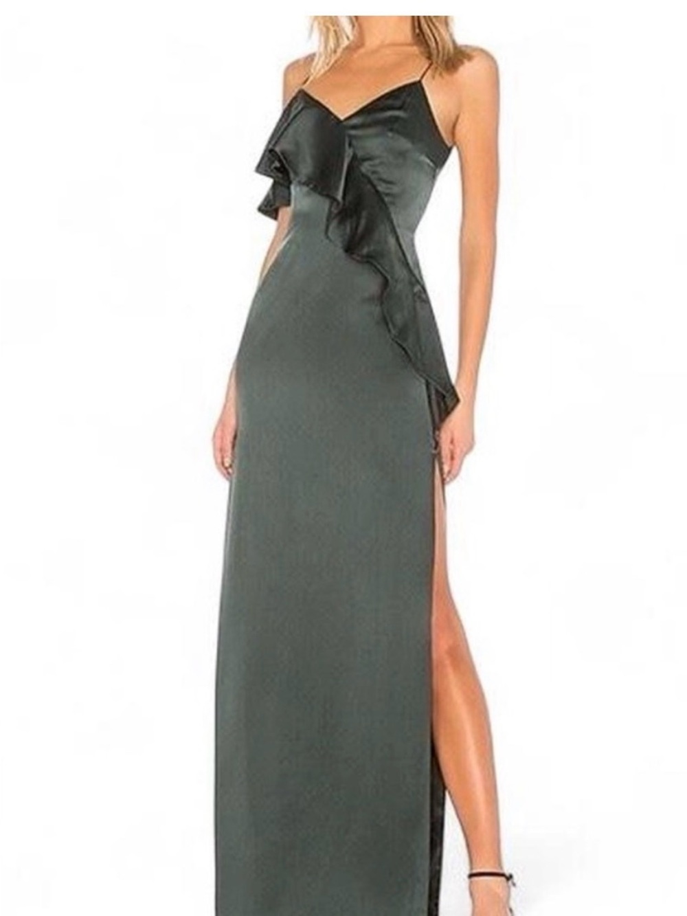 AMUR Dark Green Satin Ruffle Slip Maxi Dress